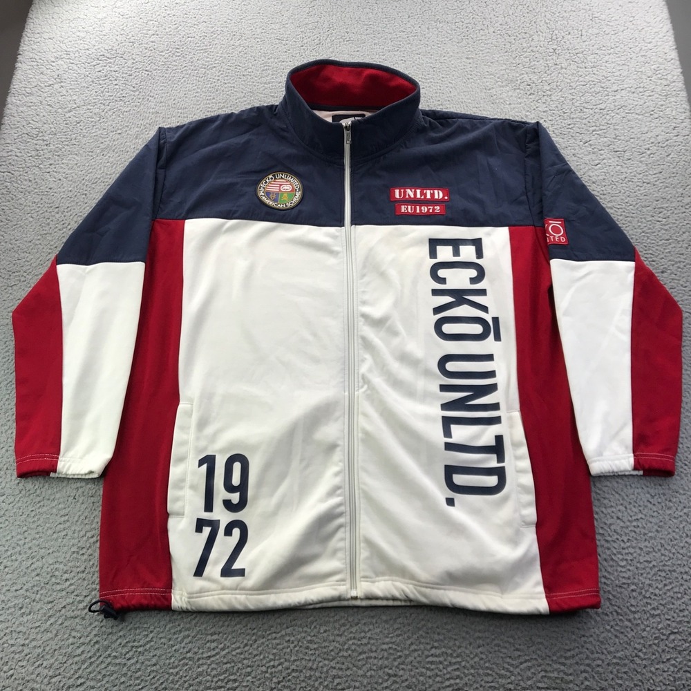Vintage Ecko Unltd Jacket Mens 3XL Red Blue Patch Logo Y2K Color Block Full Zip